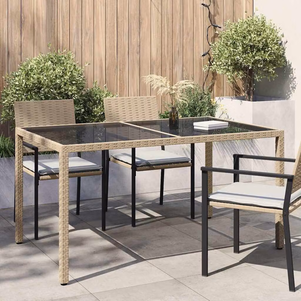 vidaXL Tavolo da giardino rettangolare in polyrattan e vetro temperato, Beige e Nero, L: 150 cm, P: 90 cm, H: 75 cm