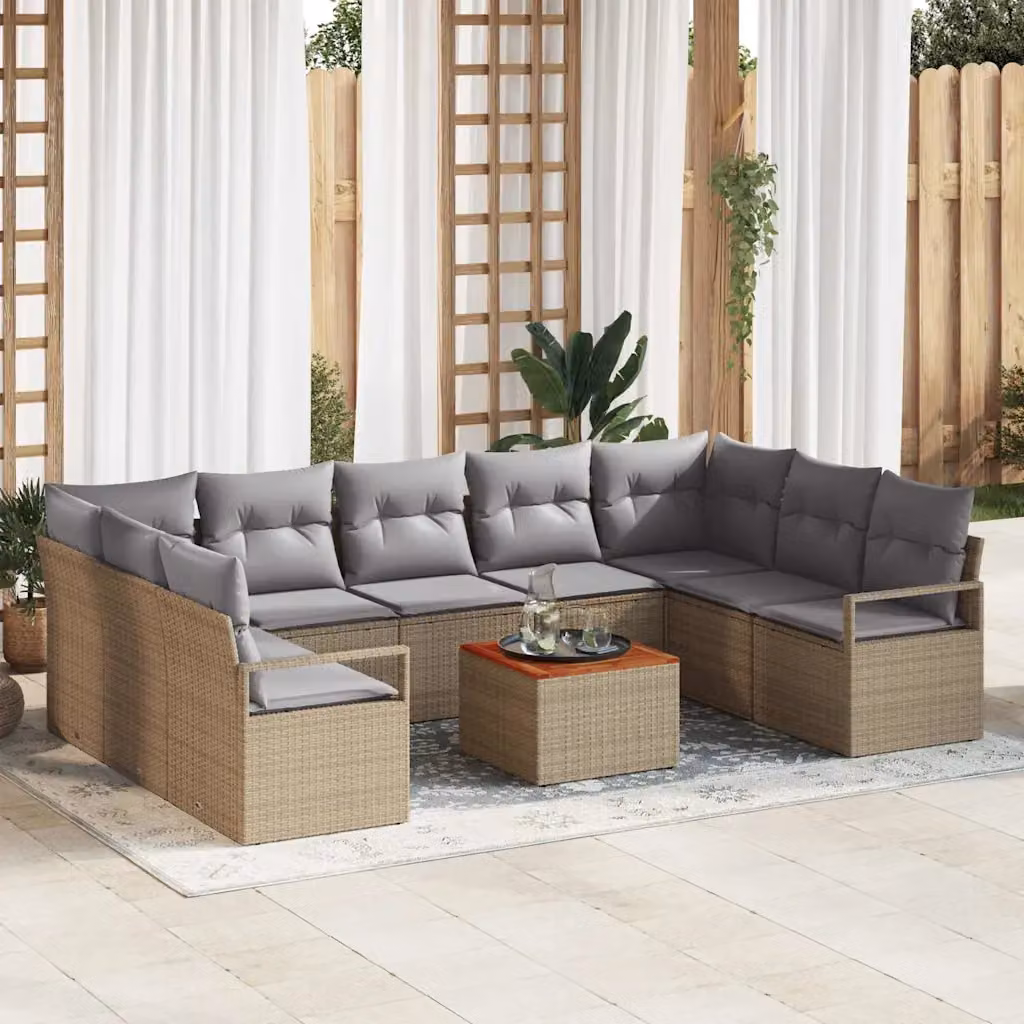 Set Divano da Giardino vidaXL 10 Pezzi a Forma di U con Tavolino, Polyrattan e Cuscini Beige e Grigio