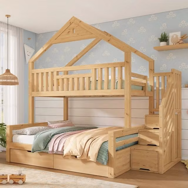 Letto a castello a casetta 90x200 e 140x200 cm in legno color rovere con cassetti
