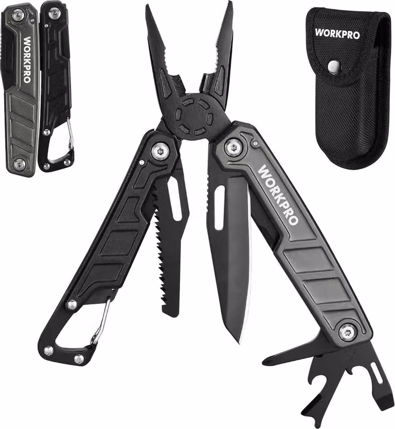 Pinza multifunzione 11 in 1 pieghevole in acciaio inox con moschettone e borsa da trasporto