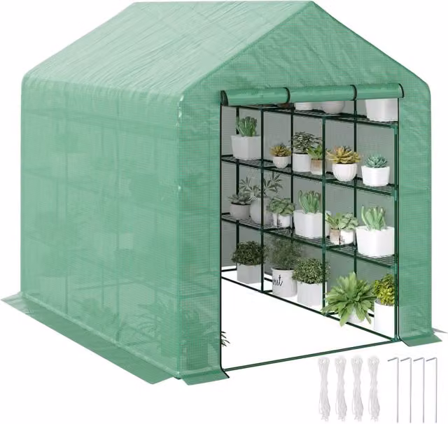 Serra da giardino XYLO in acciaio verde con scaffali a 3 livelli e porta avvolgibile L: 244 cm, P: 180 cm, H: 210 cm