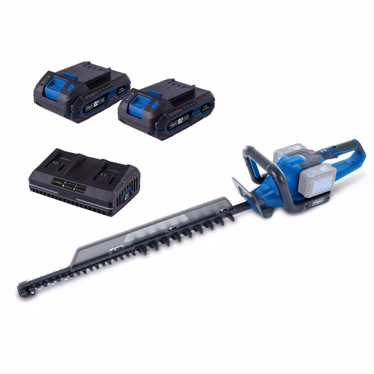 Tagliasiepi a batteria Scheppach BC-HT720-X | Lunghezza di taglio 650 mm | 20 V IXES | Motore brushless | Accessori inclusi e 2 batterie da 2 Ah + doppio caricabatterie da 2,4 A