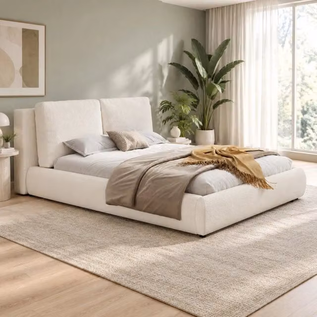 Letto matrimoniale ULEVR 180x200 cm con rete a doghe e testiera imbottita in boucl¨¦ beige