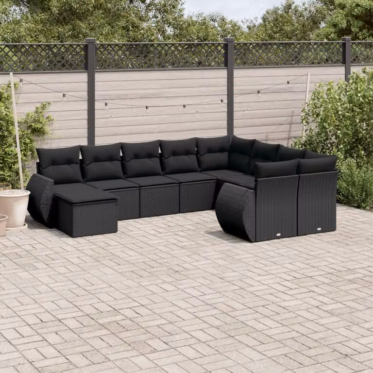 vidaXL Set Divani da Giardino a L 10 Pezzi in Polyrattan Nero con Cuscini e Tavolino
