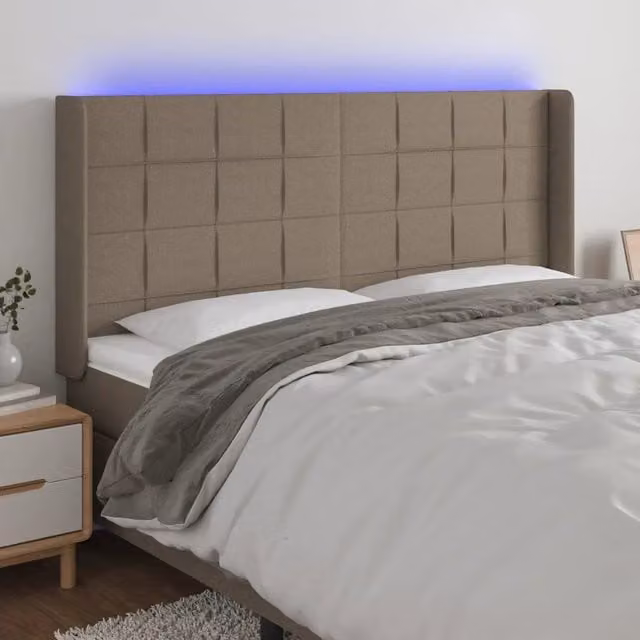 Testiera con LED e porta USB vidaXL in tessuto beige, moderna con illuminazione integrata, L: 203 cm, P: 16 cm, H: 118/128 cm – 1