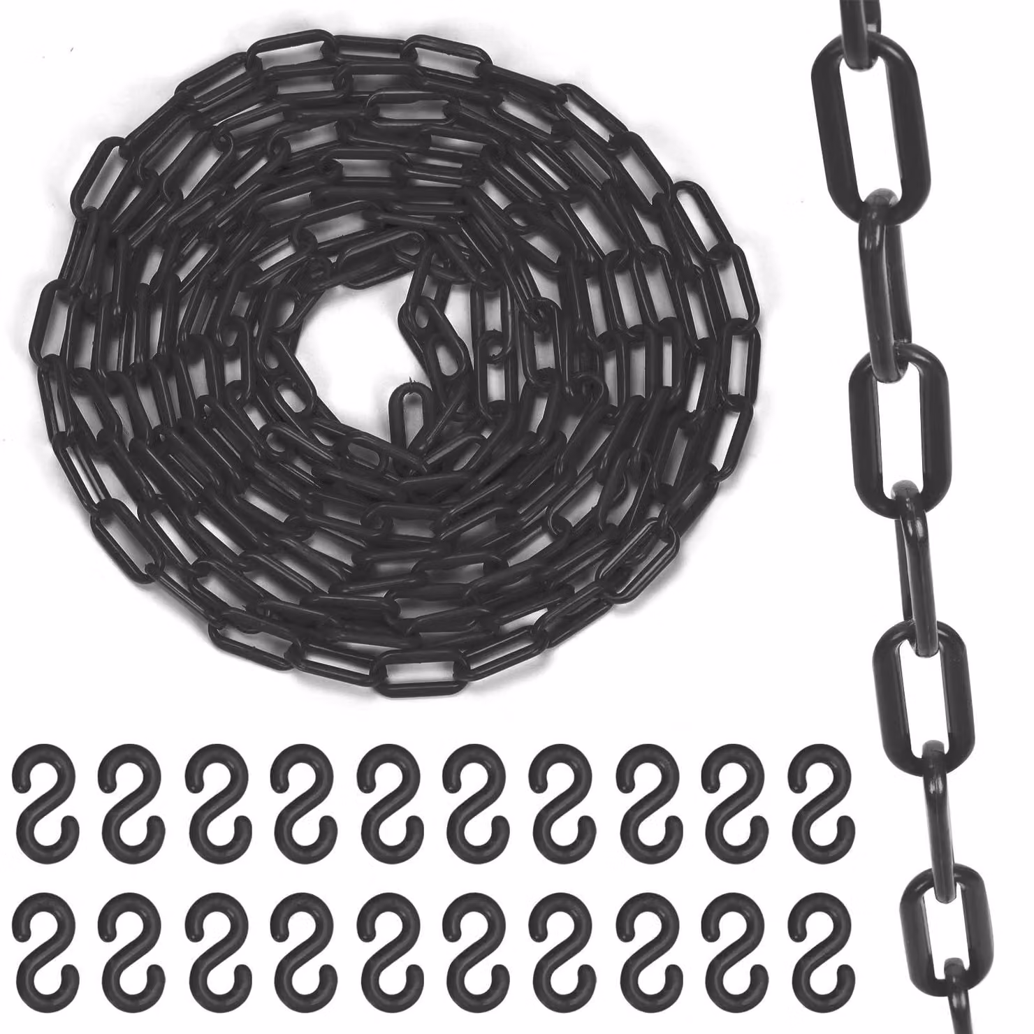 Catena barriera in plastica, lunghezza 5 metri, diametro 6 mm, colore nero, confezione da 21 pezzi con ganci a S