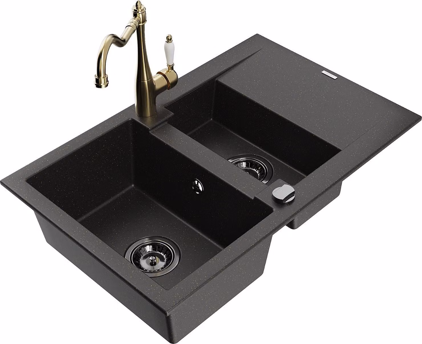 Mexen Gaspar lavello in granito 1,5 vasche con scolapiatti e rubinetto da cucina Carla nero/oro metallizzato