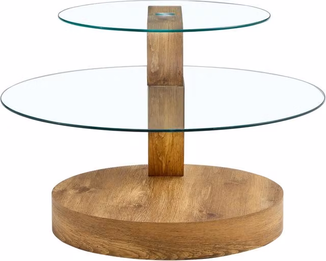 Tavolino da caffè moderno REDOM in vetro temperato e MDF trasparente con design minimalista e struttura a colonna centrale, Ø 49,8 cm e 69,8 cm
