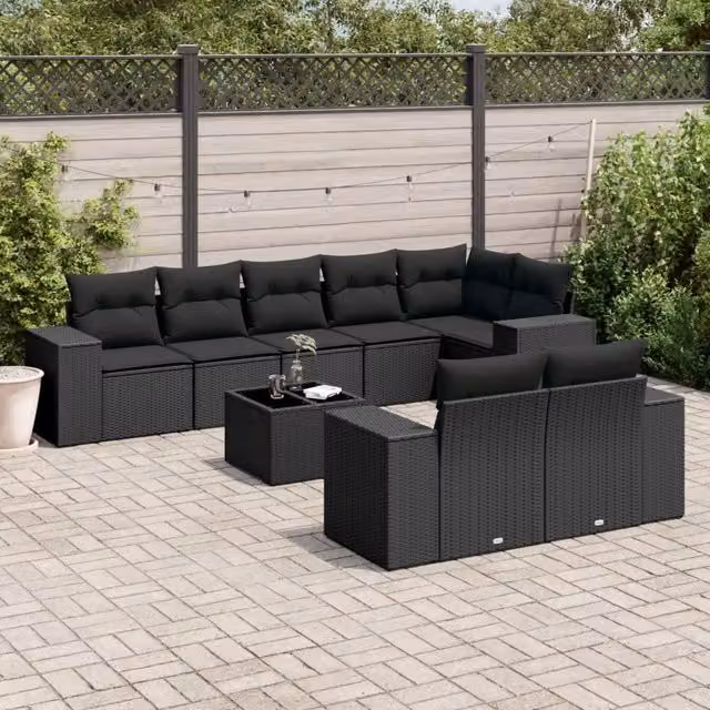 Set Divani da Giardino 9 pz con Cuscini Nero in Polyrattan 3255162