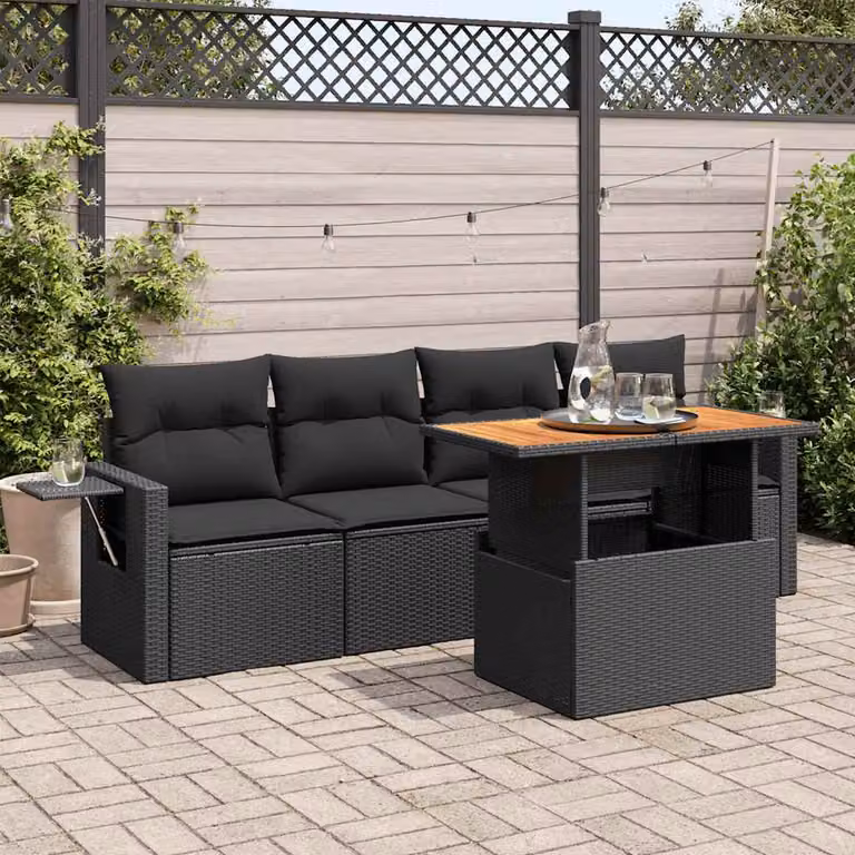 Set da giardino vidaXL composto da 5 pezzi in polyrattan nero con divano a 3 posti, elementi angolari, tavolino da caffè e cuscini inclusi