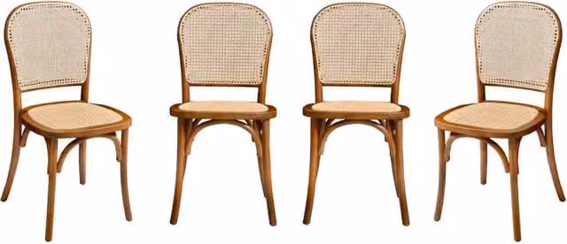 Set 4 sedie in legno e rattan vintage , noce
