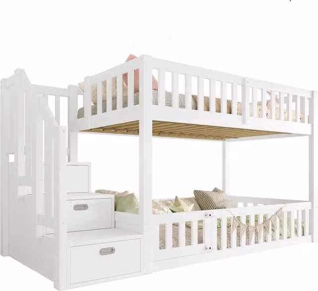 Letto a Castello 90x200 cm; 2 Posti - Scala con Spazio; Sponde - in MDF e Pino Bianco