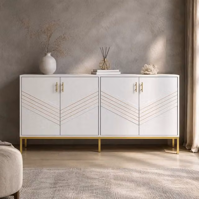 Credenza a 4 ante con 2 ripiani regolabili; MDF; 160 x 40 x 80;5 cm; bianca e effetto legno