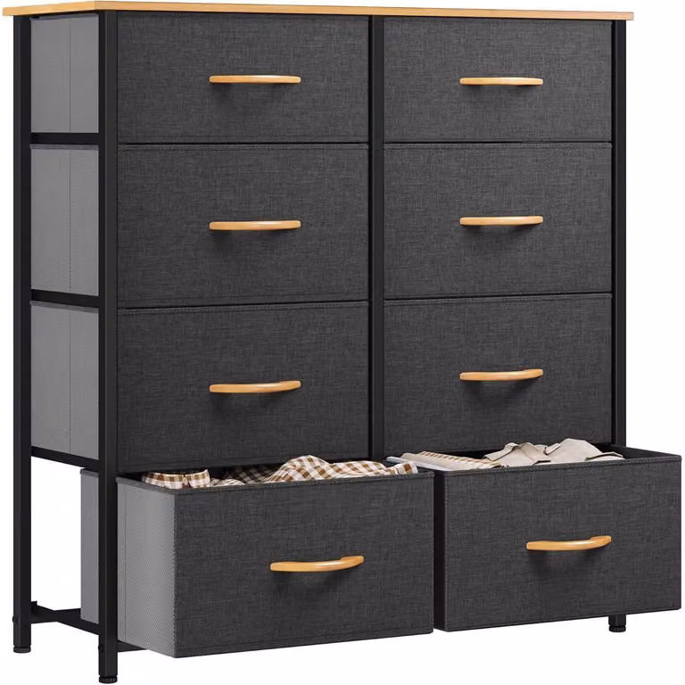 Comodino con 8 cassetti rivestiti in tessuto, struttura in metallo, piano in legno, colore grigio scuro, dimensioni 86x30x90 cm