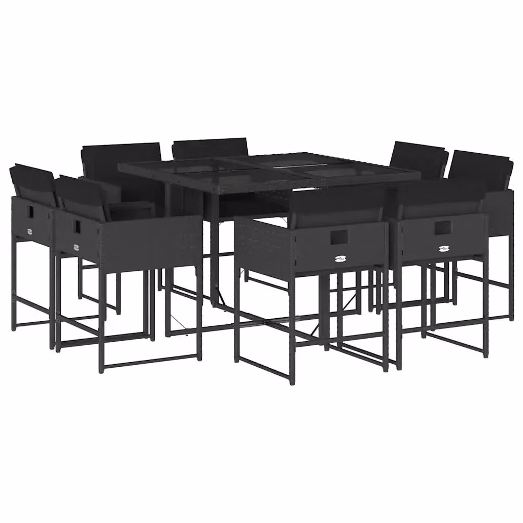 vidaXL Set da Pranzo da Giardino 9 pz in Polyrattan Nero con Cuscini e Tavolo in Vetro – 2