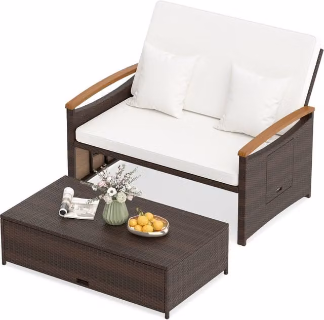 Letto da giorno in rattan per patio con schienale regolabile, Set 2 pezzi con divanetto e pouf per giardino e piscina