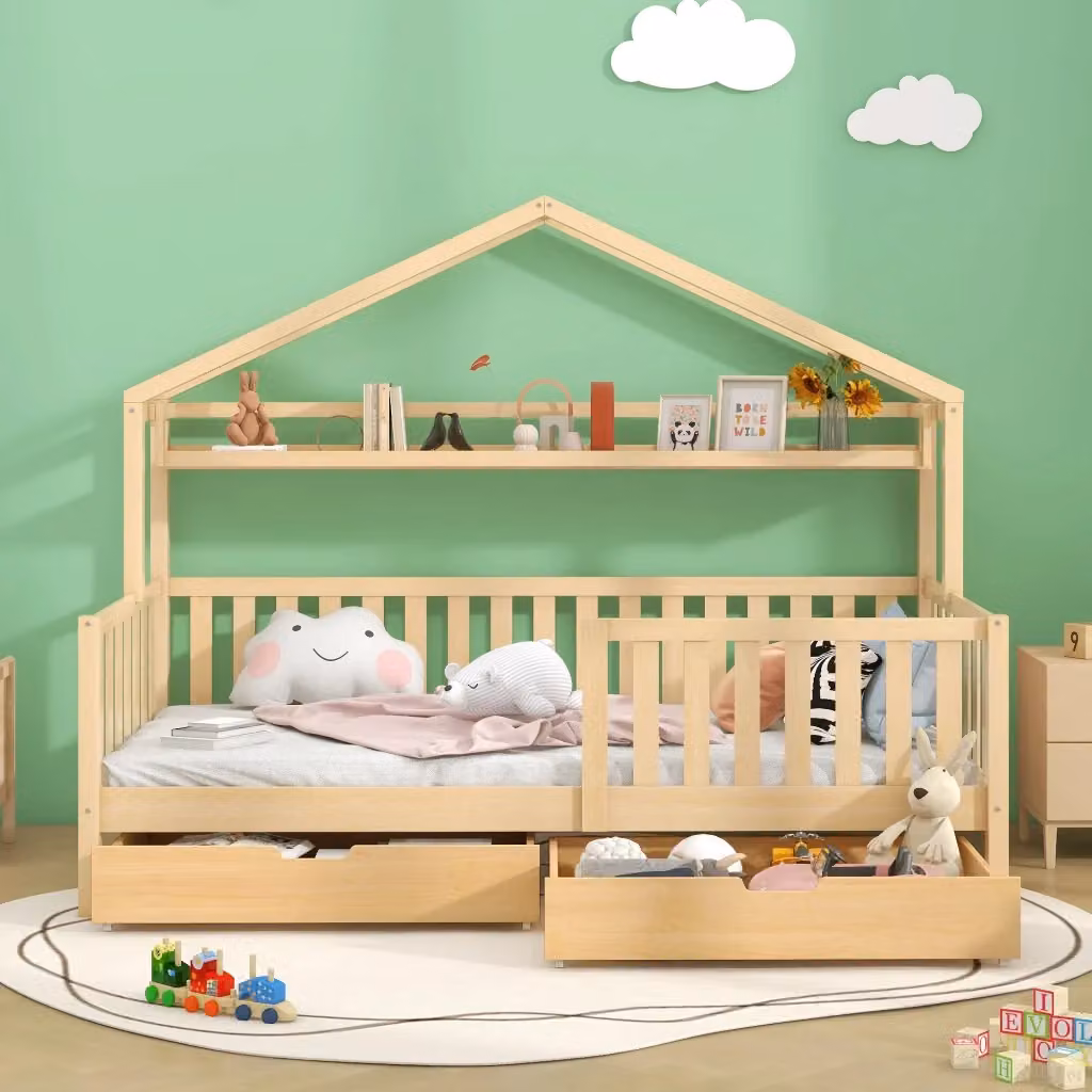 Letto a casetta singolo Chicfurn in legno massello e MDF con 2 cassetti, ripiani e barriera, colore beige, L/P/H: 204.5 x 90 x 150 cm – 2