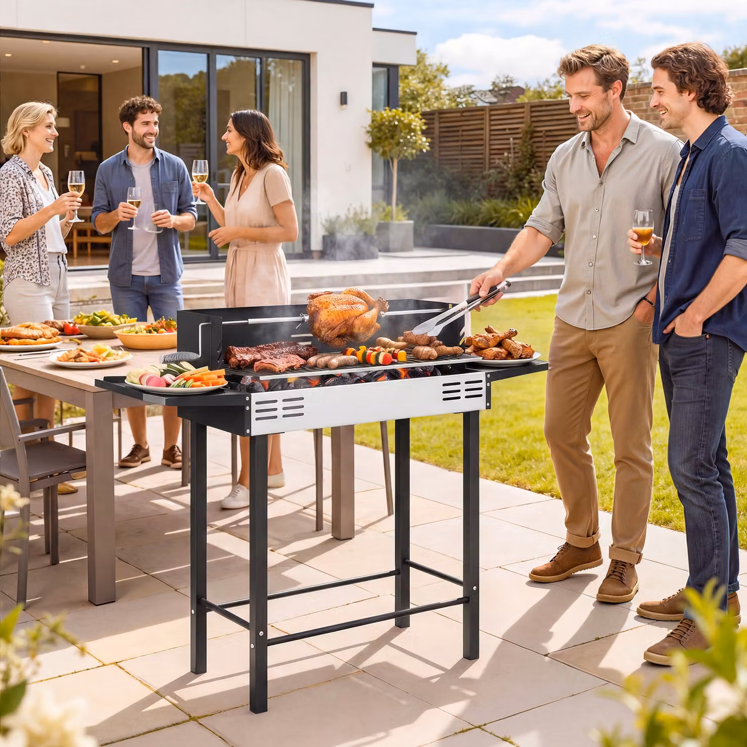 Barbecue a carbone Outsunny con 3 livelli, mensole pieghevoli, girarrosto e struttura in acciaio inox, Nero, L: 118 cm, P: 32 cm, H: 90 cm – 2
