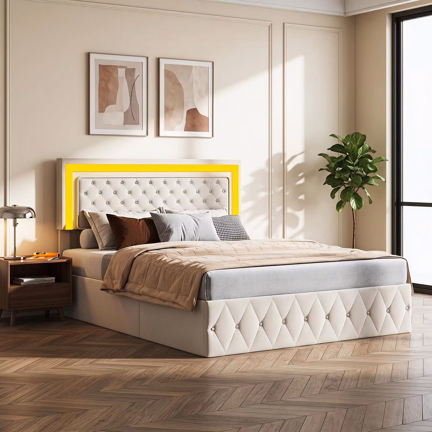 Letto matrimoniale con boxspring, dimensioni 140x200 cm, completo di rete a doghe e contenitore, letto a due piazze per ragazzi con LED e cassettiera, letto contenitore multifunzionale, rivestito in velluto, color beige