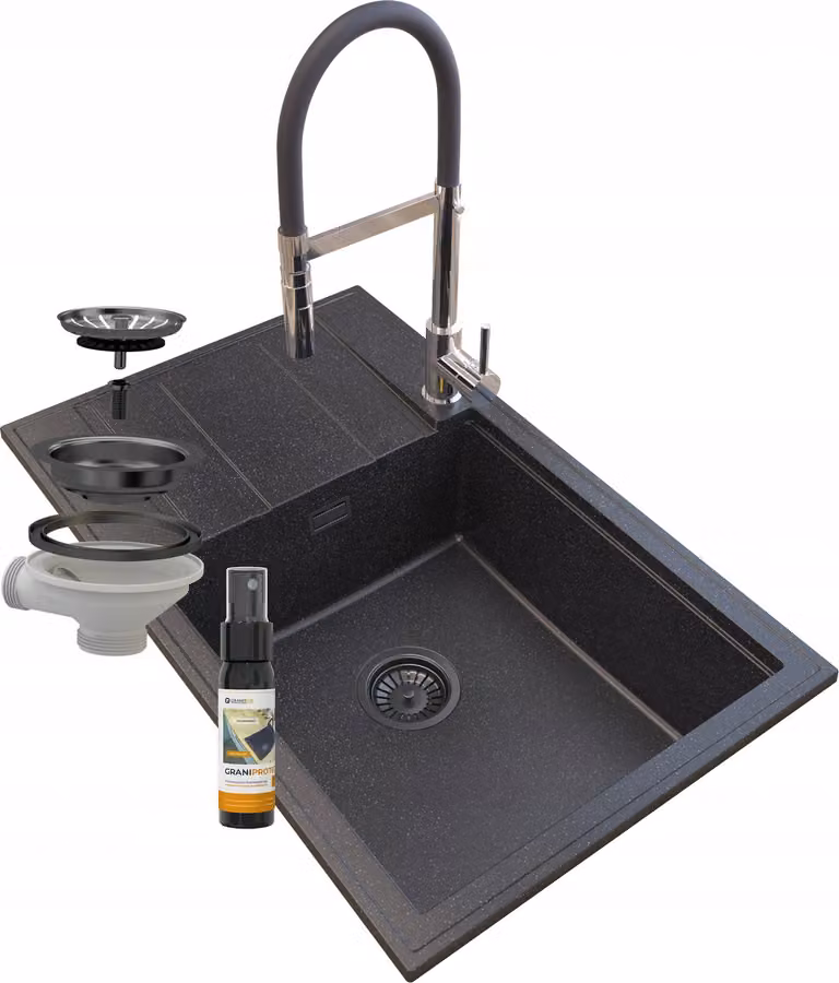Granitan - Lavello in granito - Lavello da cucina - 80x50 cm - Nero - con rubinetteria VENTO e scolapiatti - LOUIS
