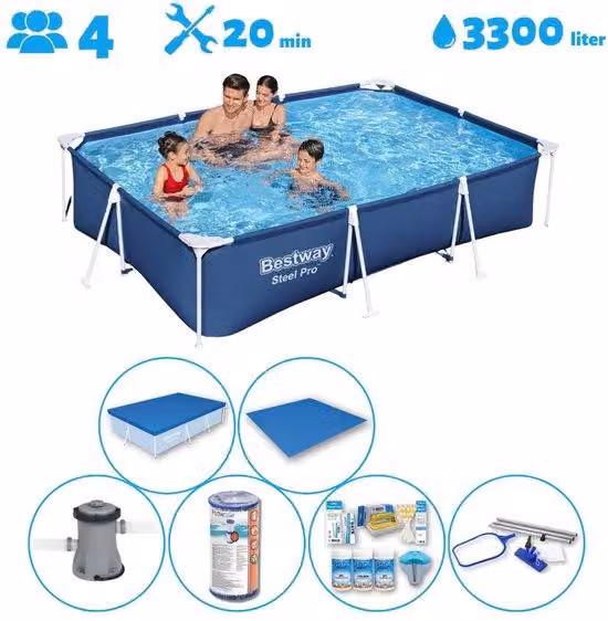 Piscina rettangolare - 300 x 201 x 66 cm - Blu - Con pompa - Filtro - Kit di manutenzione - Copertura per il fondo - Copertura - Kit di pulizia
