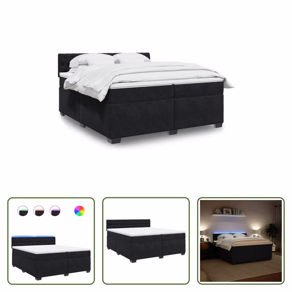The Living Store Letto a molle con materasso nero 200x200 cm in velluto