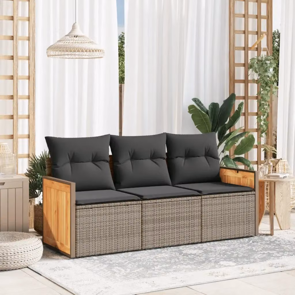 Set Salotto da Giardino 3 Pezzi in Polyrattan Grigio con Cuscini Imbottiti e Rivestimenti Rimovibili – 2