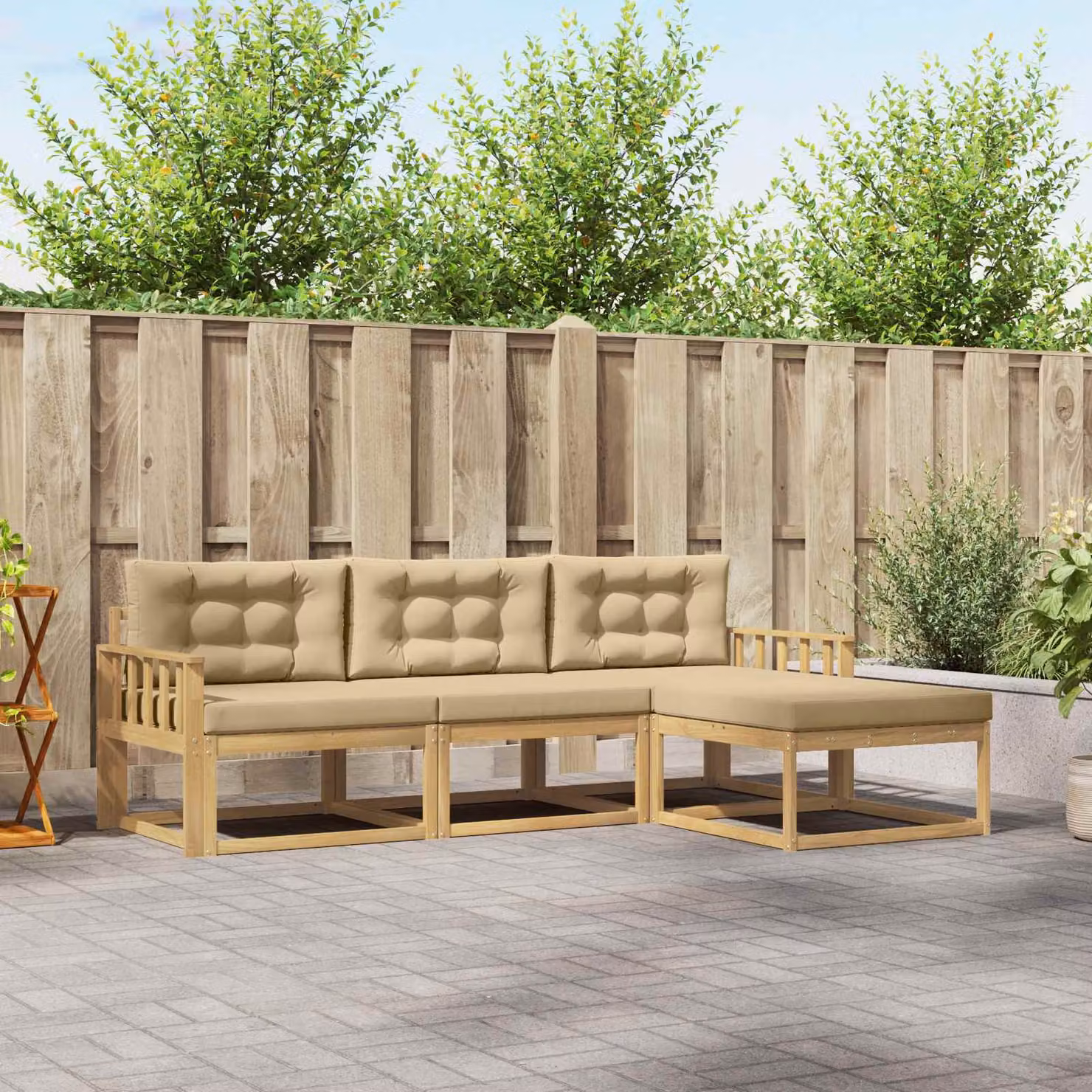 vidaXL Set di divani da esterno a L con pouf, struttura in legno di acacia e cuscini inclusi, Bianco, Beige e Marrone