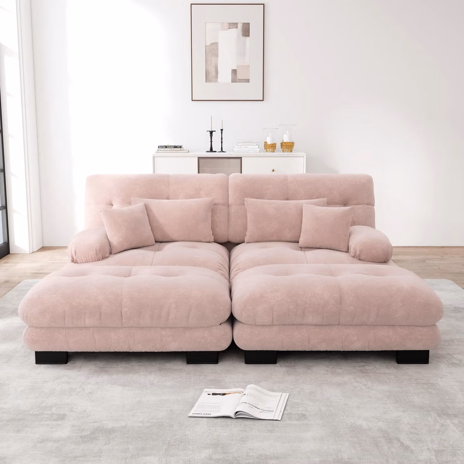 Divano angolare Sweiko Cloud per soggiorno, divano doppio in ciniglia con 2 cuscini lombari e 2 cuscini decorativi, divano imbottito con ampi braccioli e 2 pouf, ciniglia rosa