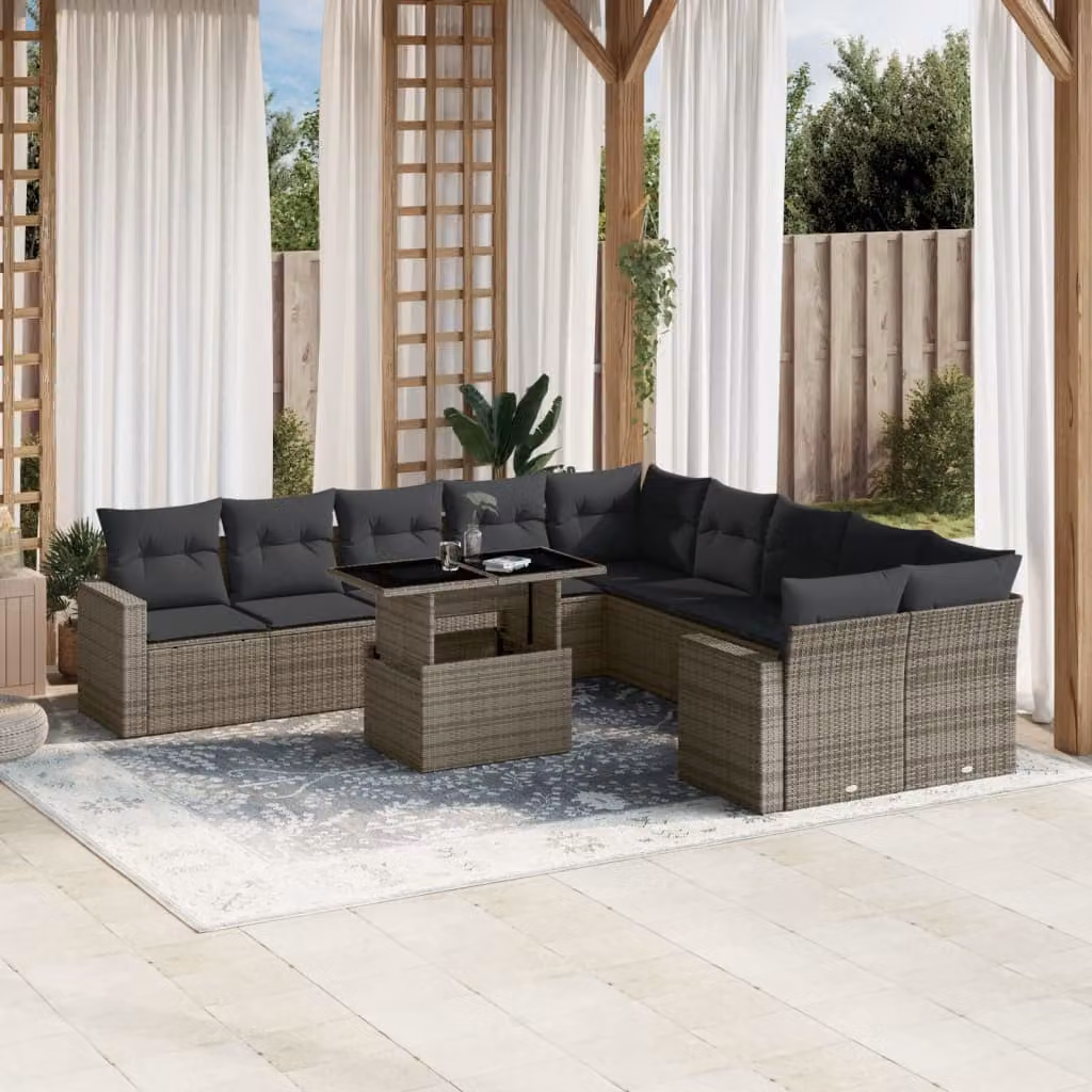 vidaXL Set Divani da Giardino 11 pz in Polyrattan Grigio con Cuscini e Tavolino – 1