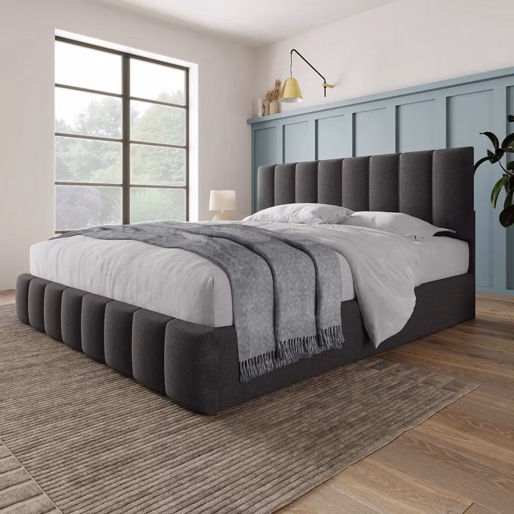 Letto contenitore matrimoniale in lino con rete sollevabile e testiera regolabile, grigio, L/P/H: 140 x 200 x 118 cm – 2