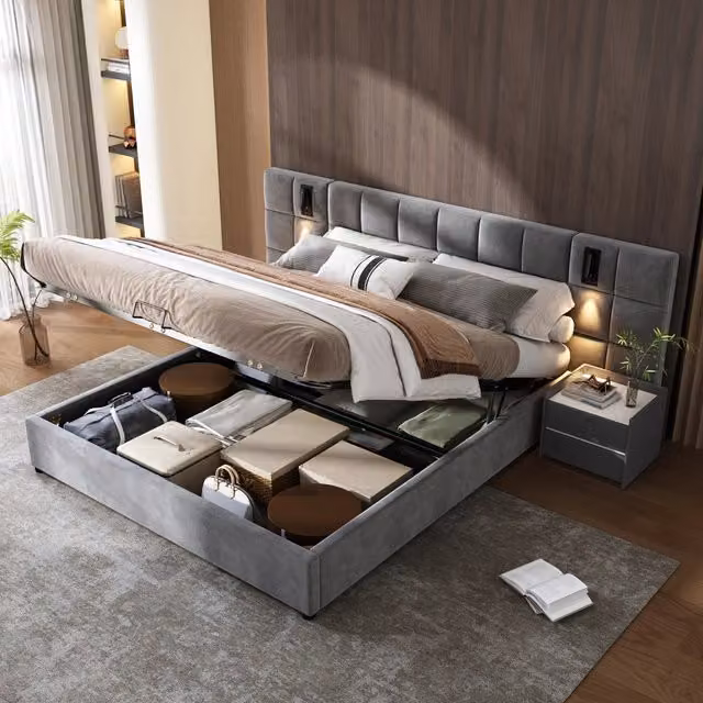 Letto contenitore matrimoniale 180×200 cm, luce regolabile e USB, senza materasso, velluto grigio