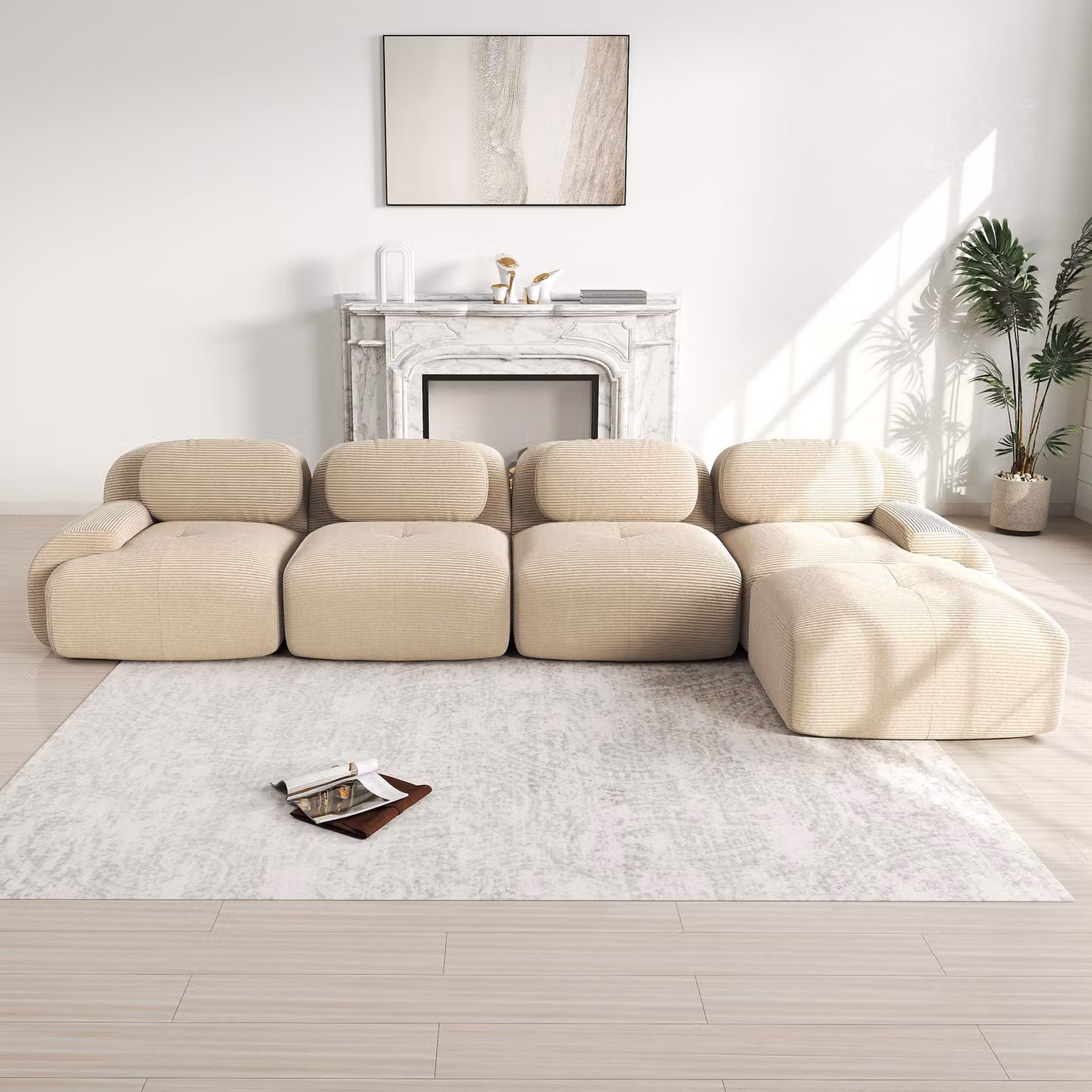 Divano angolare Sweiko a 4 posti con rivestimento altamente elastico 32D, antiscivolo, con chaise longue, braccioli extra larghi, liberamente combinabile, senza montaggio per ufficio, soggiorno e home cinema, beige