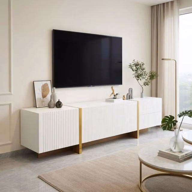 Cassettiera per TV bianca con finiture dorate e venatura legno; MDF e truciolare; 190 cm
