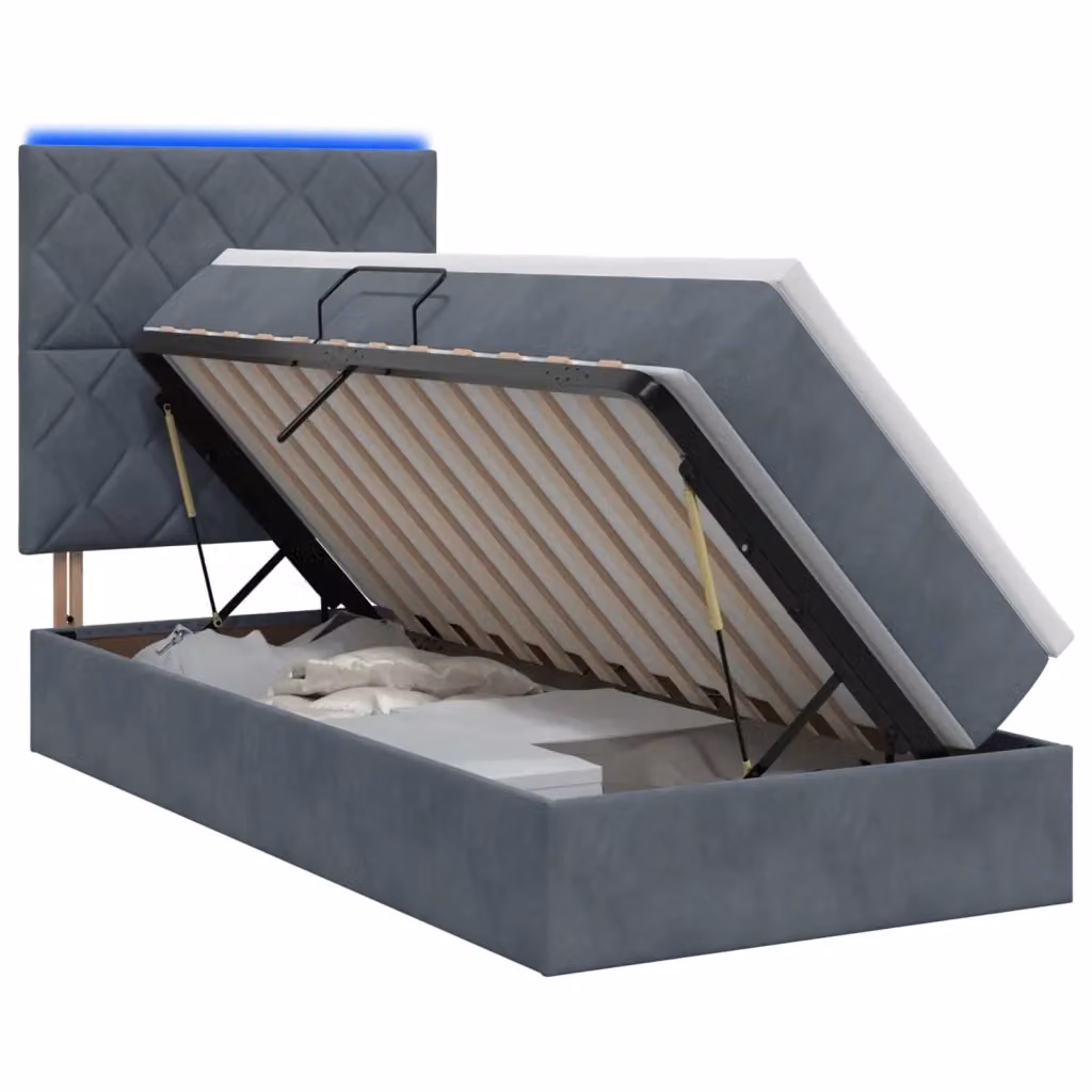 Letto con contenitore e illuminazione LED vidaXL in tessuto grigio con porta USB e materasso, L/P/H: 90 x 200 x 128 cm – 2
