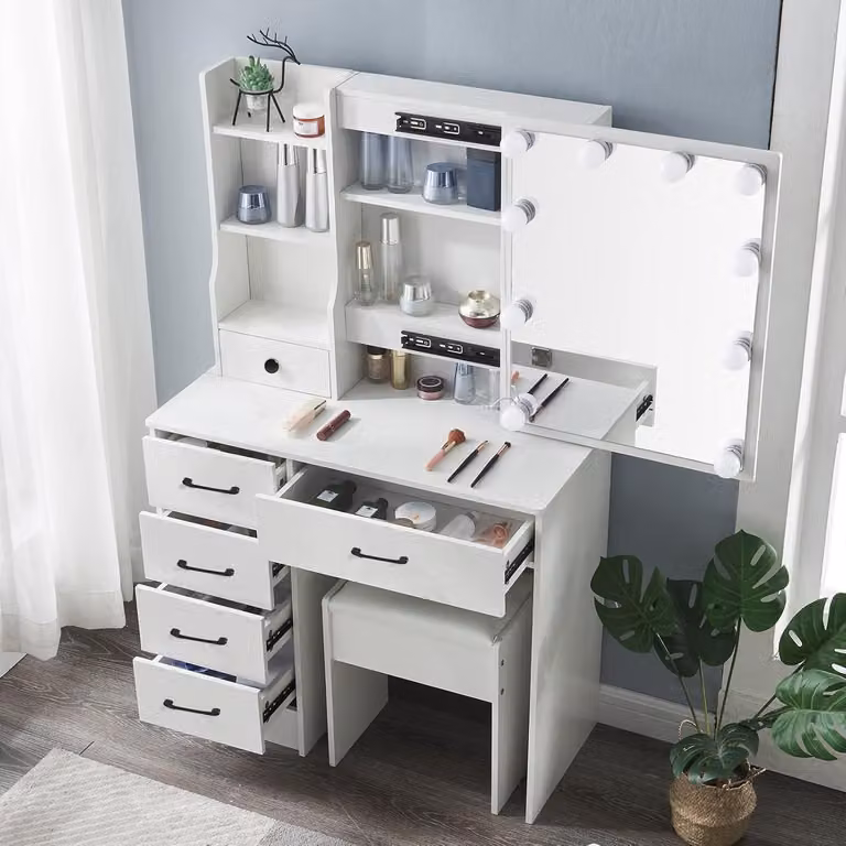 Comò da trucco con illuminazione a LED e sgabello, tavolino da trucco con specchio, 3 temperature di colore, 5 cassetti, 4 ripiani, realizzato in MDF