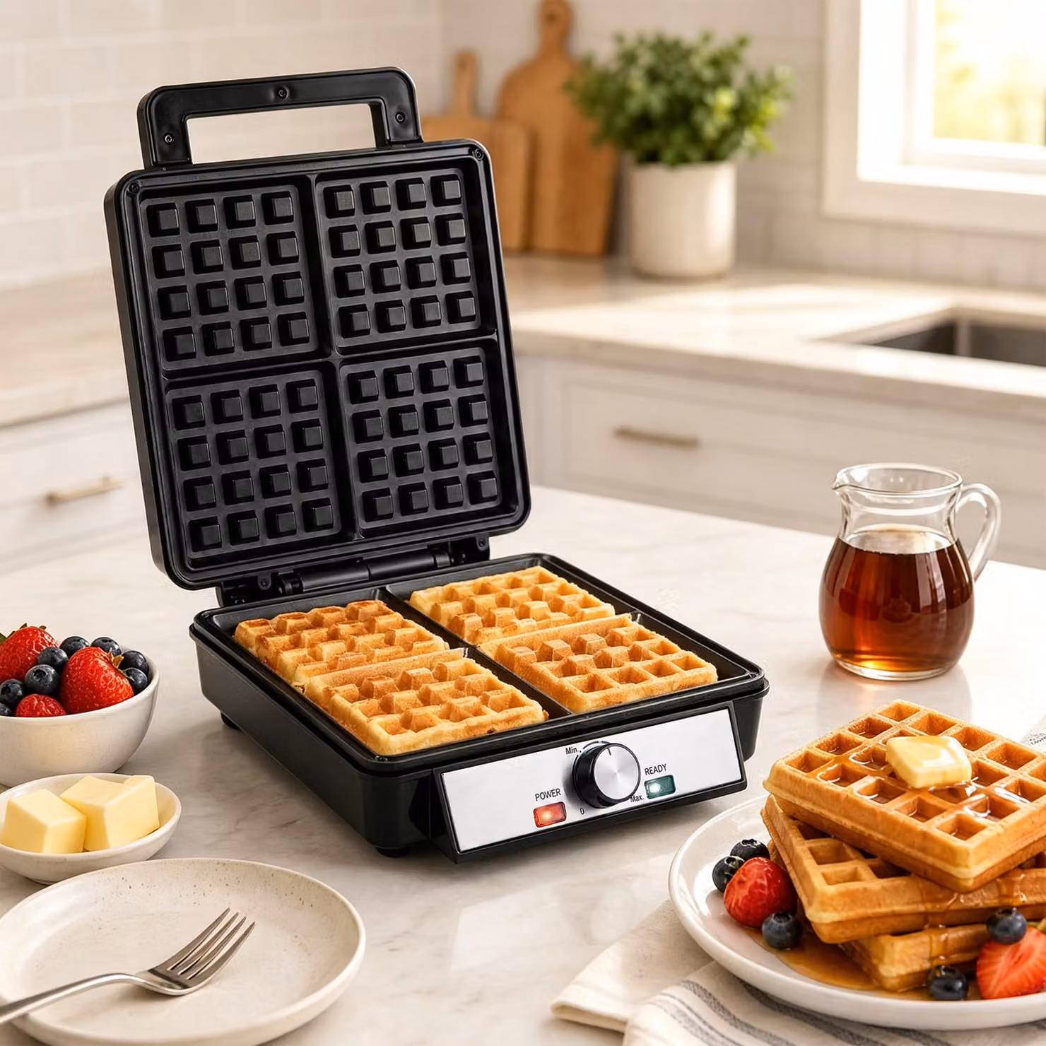 Costway Piastra per waffle antiaderente in acciaio inox, Macchina per waffle con rivestimento antiaderente temperatura regolabile e manico antiscottatura