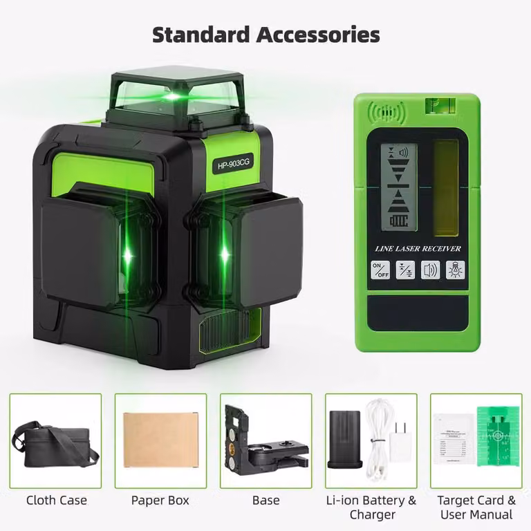 Livella laser a croce - Laser 3D - Autolivellante - Laser verde - 360° - Ricaricabile tramite USB