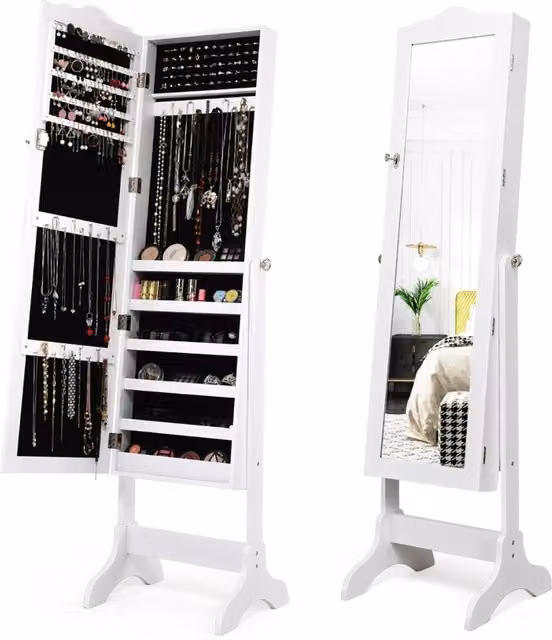 Armadio portagioie Design Mania bianco con specchio, angolare e con serratura, L/P/H: 37.0 x 44.5 x 160.0 cm