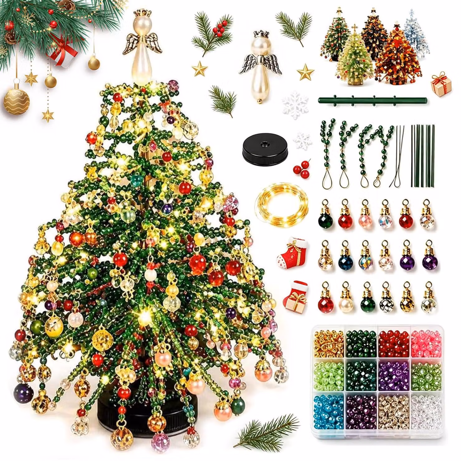 Kit per creare un albero di Natale con perline, con illuminazione, confezione singola.