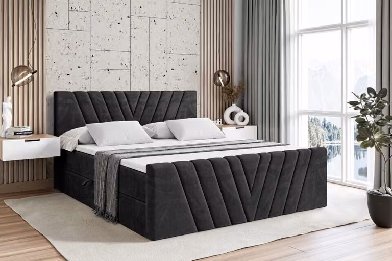 Letto boxspring ALTDECOR con pediera, materasso H3 e topper - 160x200 cm - ERNINA-Z - Velluto nero - Letto imbottito con contenitore e rete a doghe, letto con spazio contenitivo