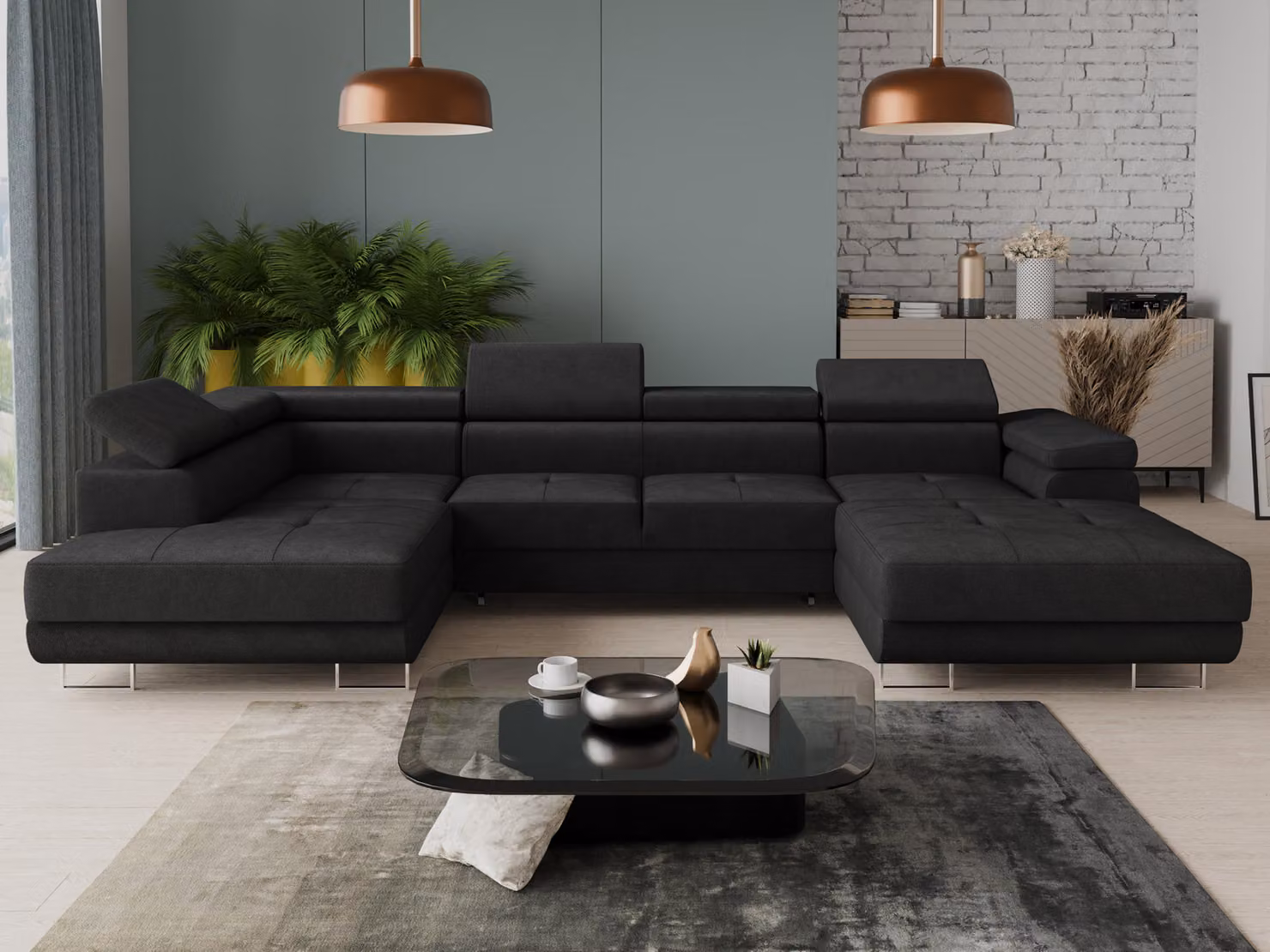 Set di divani Caris U con funzione letto e poggiatesta regolabili, divano ad angolo con due contenitori, divanetto, divano, divano letto (nero (Kronos 07), divano ad angolo a destra)