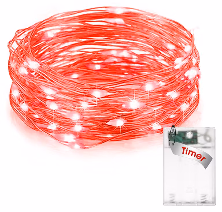 Catena luminosa a LED, lunghezza 3 metri, 30 LED rossi, timer integrato, grado di protezione IP65, alimentazione a batteria