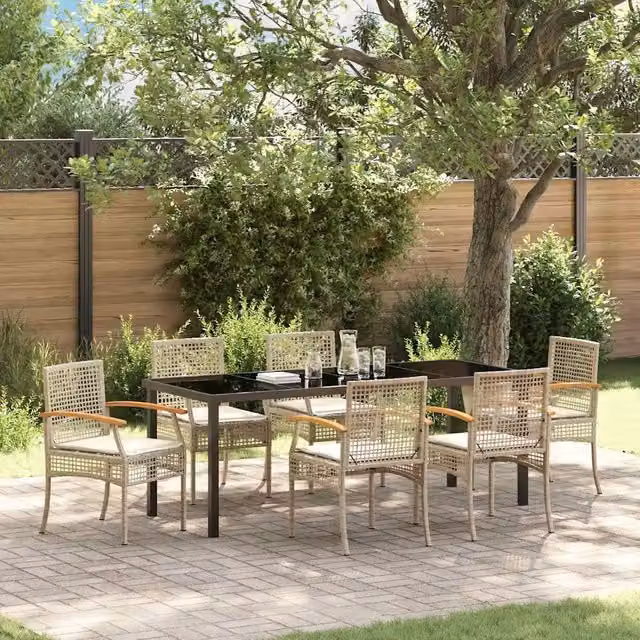 Set da pranzo per giardino e terrazzo vidaXL in polyrattan e legno di acacia con piano in vetro, 7 pezzi, beige e nero
