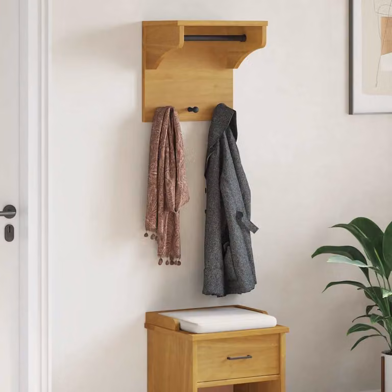 vidaXL Appendiabiti da Parete SANDNES in Legno di Pino Marrone L: 43 cm, P: 30 cm, H: 42 cm
