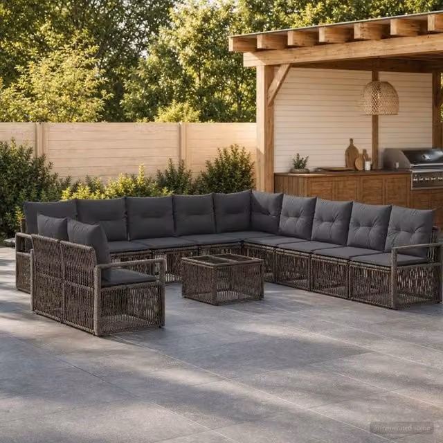 Set Divano da Giardino a L con Tavolino vidaXL, 12 Pezzi, Grigio con Cuscini e Struttura in Metallo e Polyrattan – 1