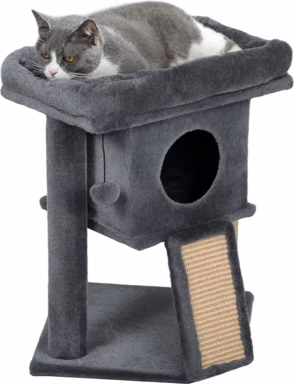 Graffiatoio con tappetino in iuta, piattaforma per sdraiarsi, palla da gioco, casa per gatti, grigio scuro, 40 x 40 x 57 cm