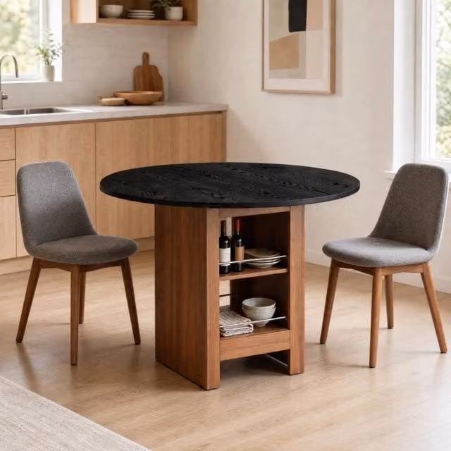 Tavolo da pranzo rotondo 100 cm in MDF nero e noce con vani portaoggetti; H 76 cm