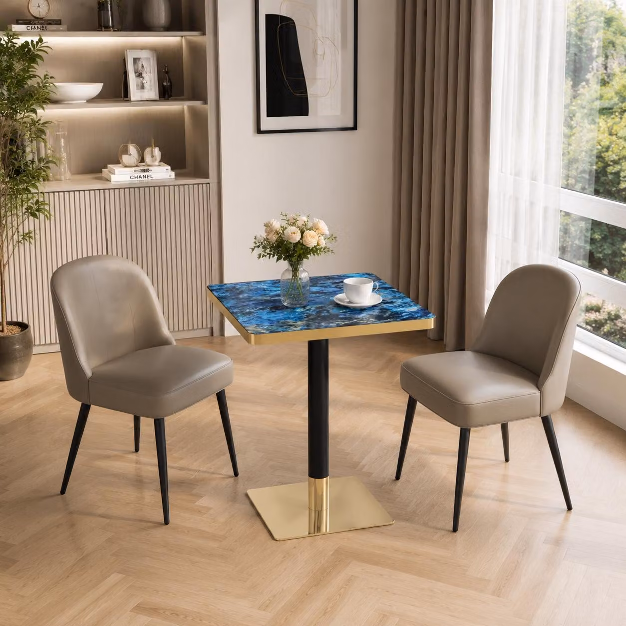 Tavolino rotondo, aspetto marmo, bordo decorativo, struttura in metallo, utilizzabile come tavolino da caffè o comodino (blu)