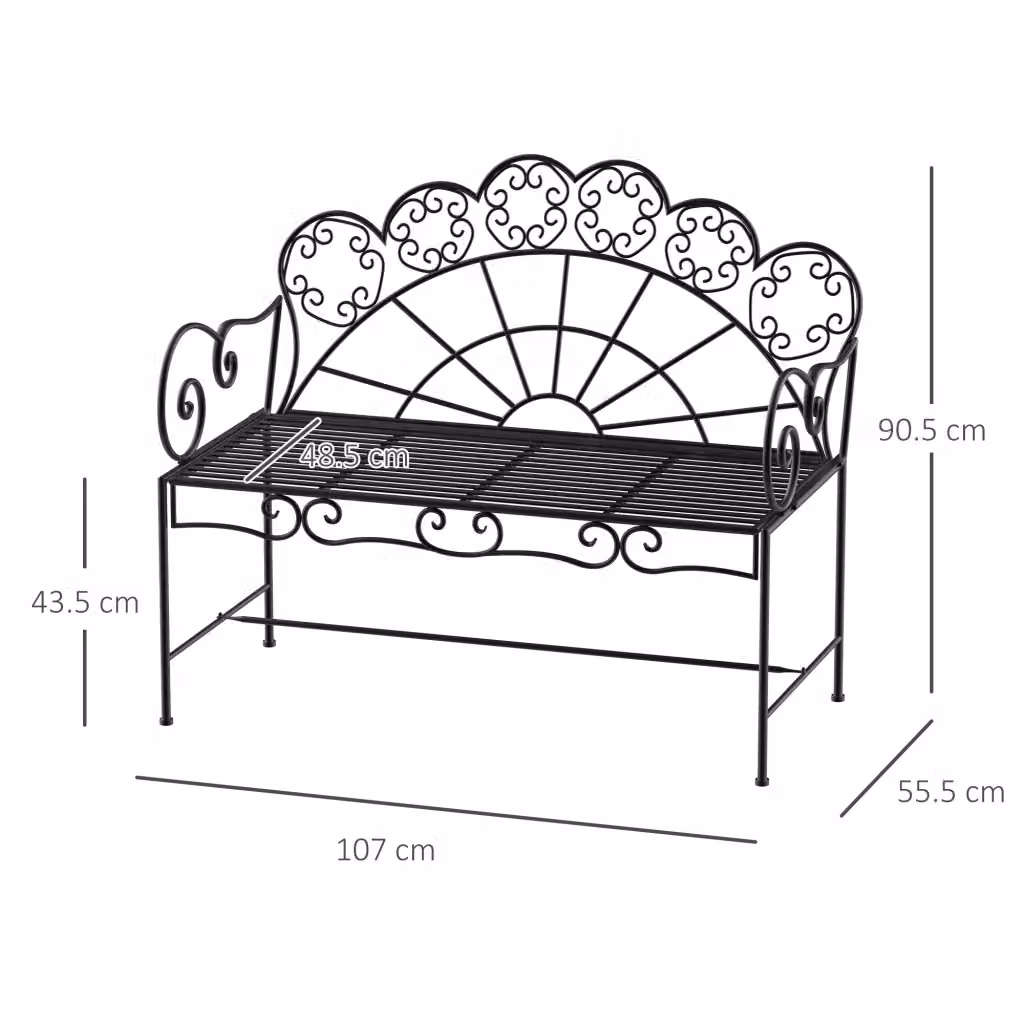 Panchina da giardino WISHDOR a 2 posti in acciaio verniciato nero con braccioli L/P/H: 107 x 55,5 x 90,5 cm – 2